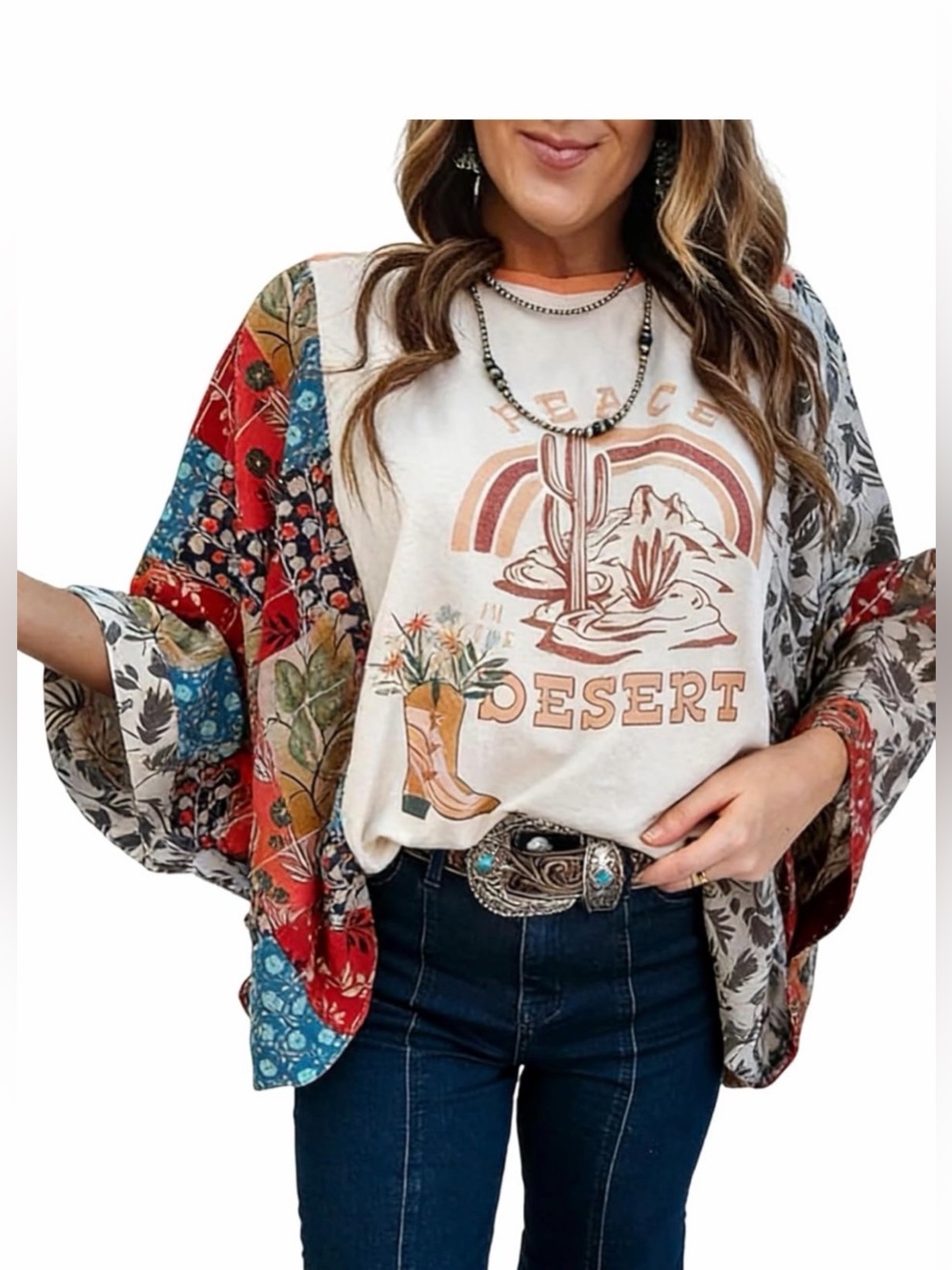 Boho Desert 3/4 Sleeve Tops Floral Print Ponchos Crewneck Loose Western Shirt L